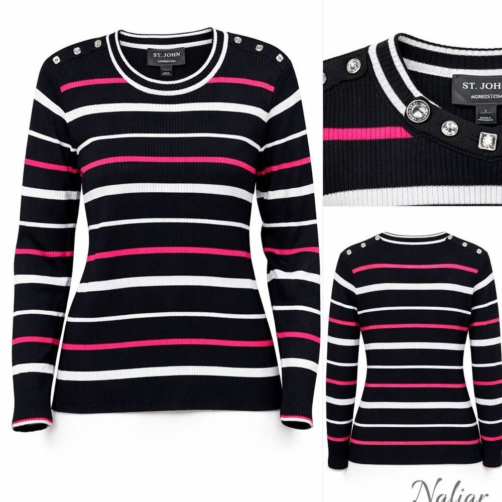 St. John Wool Blend Black Red Striped Sweater Size Large